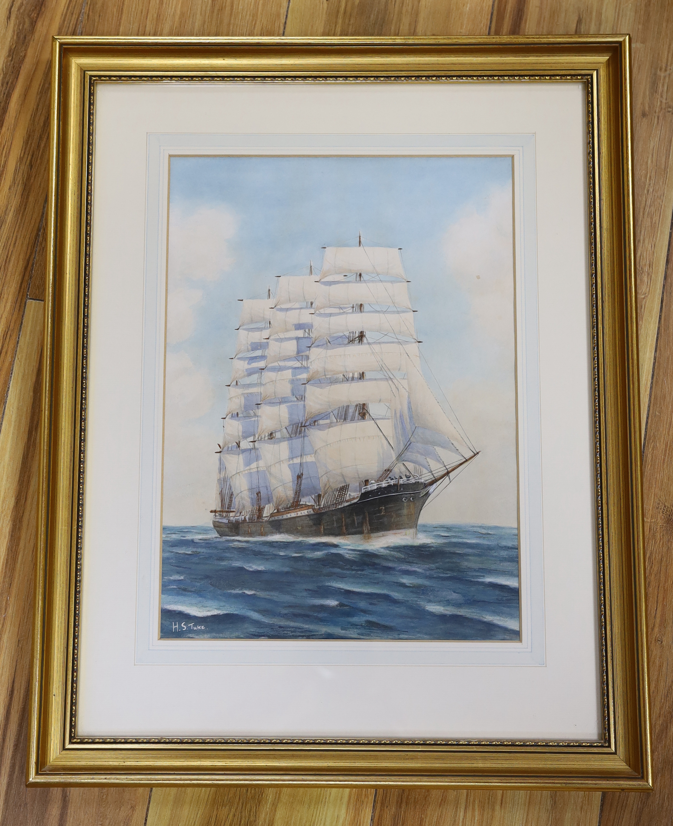 Circle of Henry Scott Tuke (1858-1929), watercolour, Clipper ship at sea, signed, 36 x 26cm